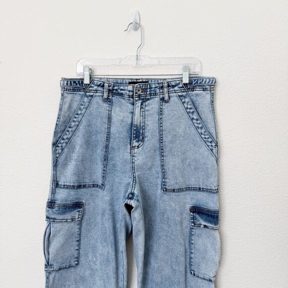 [Sanctuay] Light Wash Acid Denim High Rise Wide Leg Cargo Jeans Stretch Size 32 - Picture 3 of 11